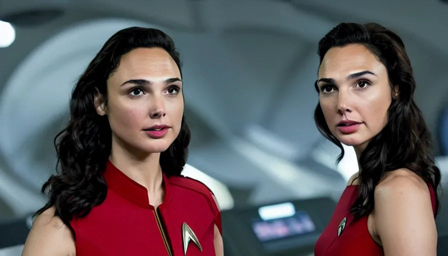 Image similar to Gal Gadot, wearing a red uniform, is the captain of the starship Enterprise in the new Star Trek movie