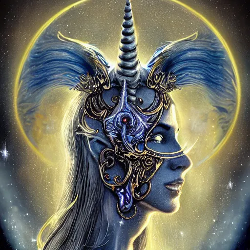 Image similar to a wlop 3 d render of very very very very highly detailed beautiful mystic portrait of a phantom undead golden unicorn with whirling galaxy around, tattoos by anton pieck, intricate, extremely detailed, digital painting, artstation, concept art, smooth, sharp focus, illustration, intimidating lighting, incredible art,