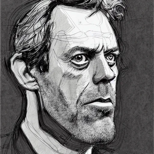 Prompt: a realistic yet scraggly portrait sketch of the side profile of a stern and sophisticated hugh laurie, trending on artstation, intricate details, in the style of frank auerbach, in the style of sergio aragones, in the style of martin ansin, in the style of david aja, in the style of mattias adolfsson