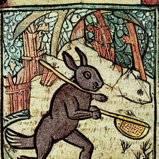 Prompt: a medieval book illustration of a rabbit playing tennis