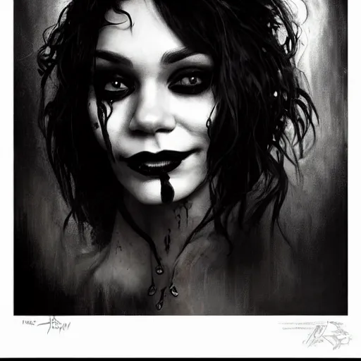 Image similar to beautiful portrait of vanessa hudgens as death from sandman, smiling, by cedric peyravernay, alphonse mucha, by jeremy mann, by lecouffe deharme, goth chic, soft lightning, eyeliner, punk rock, high detailed, 8 k