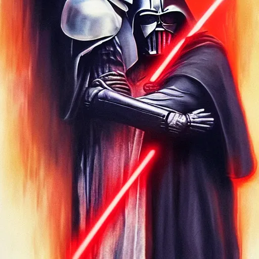 Image similar to obi wan hugging darth vader, artstation hall of fame gallery, editors choice, #1 digital painting of all time, most beautiful image ever created, emotionally evocative, greatest art ever made, lifetime achievement magnum opus masterpiece, the most amazing breathtaking image with the deepest message ever painted, a thing of beauty beyond imagination or words, 4k, highly detailed, cinematic lighting