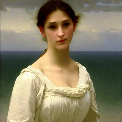 Image similar to A portrait of a woman in a long white dress in front of an ocean with overcast skies, backlit, painting by William-Adolph Bouguereau