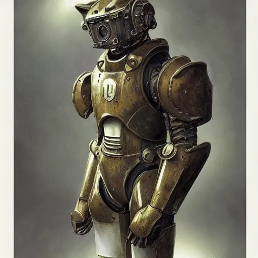 Image similar to t - 5 1 power armor, realistic anthropomorphic shiba inu, fantasy, t - 5 1 power armor glowing electric aura, by donato giancola and greg rutkowski and wayne barlow and zdzisław beksinski, realistic face, visible face, digital art, artstation, symmetry