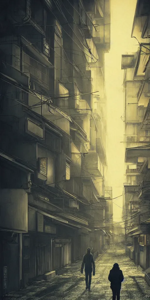 Image similar to nuclear winter, street of kyoto, near future, fantasy, sci - fi, hyper realistic, serene, morning.