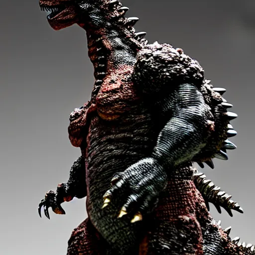 Image similar to Godzilla made out of rusty metal gear, we can also see wires, photorealistic, studio lighting, bokeh