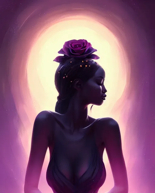 Prompt: black rose beauty portrait, night, celestial aura of light, artgerm, wlop, sylvain sarrailh, photorealism, artstation