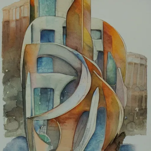 Prompt: a beautiful watercolor painting of a biomorphic architecture