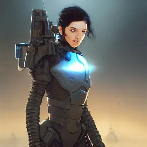 Image similar to woman dressed in scifi military uniform and armor with black hair and blue eyes, elegant, digital illustration, detailed, intricate, sharp focus, digital painting, deep focus, digital painting, artstation, concept art, matte, art by artgerm and greg rutkowski and alphonse mucha