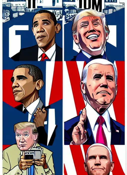 Image similar to GTA Cover Art, Obama, Biden, Trump, Pelosi, Schumer, Pence