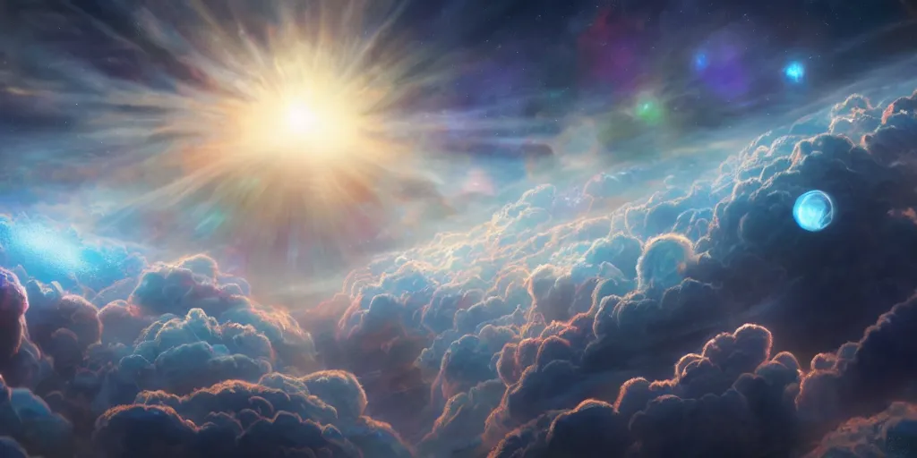 Prompt: Cosmic inflation bubbles peaking through the clouds, above the layer of clouds is a council of ascended masters, rays of consciousness, concept art, matte painting, 8k, highly detailed, artstation, light being, high quality,