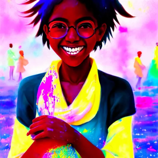 Image similar to portrait of a smiling black girl with short hair at the holi festival, By makoto shinkai, by leiji Matsumoto, by Julie Bell