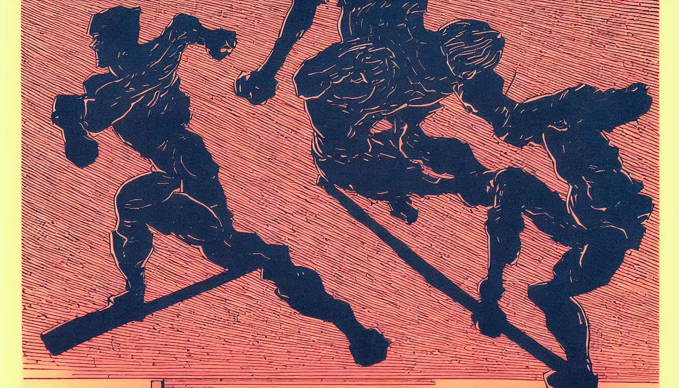 Image similar to future man by woodblock print, moebius