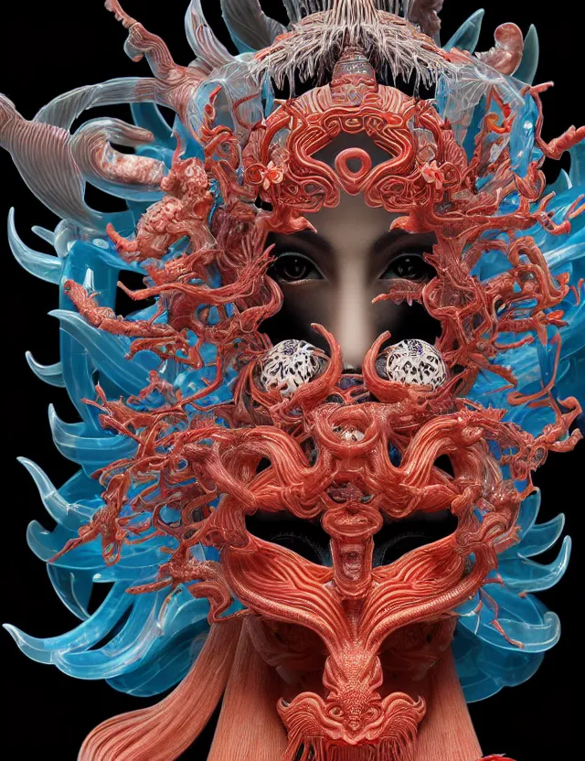 Image similar to 3 d goddess close - up profile satan biohazard portrait with crown, ram skull. beautiful intricately detailed japanese crow kitsune mask and clasical japanese kimono. betta fish, jellyfish phoenix, bio luminescent, plasma, ice, water, wind, creature, artwork by tooth wu and wlop and beeple and greg rutkowski