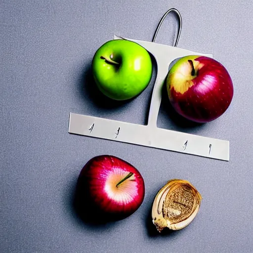 Prompt: set of balance scales with one apple in one side and one onion in the other