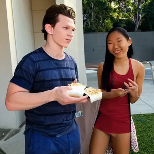 Image similar to Tom Holland eating spam musubi with a beautiful Filipina college girl at Chapman University