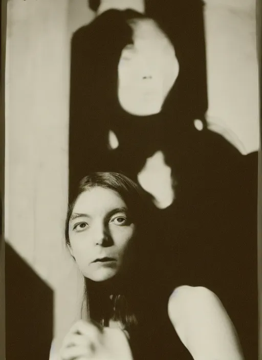 Prompt: black and white film photography, portrait of young marie laforet in darkness, 35mm, film photo