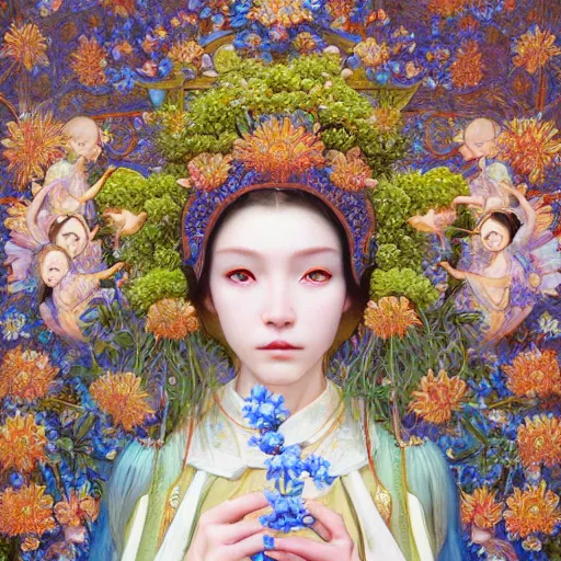 Image similar to breathtaking detailed concept art painting of the goddess of nemophila flowers, orthodox saint, with anxious, piercing eyes, ornate background, amalgamation of leaves and flowers, by Hsiao-Ron Cheng, James jean, Miho Hirano, Hayao Miyazaki, extremely moody lighting, 8K