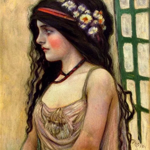 Image similar to gypsy girl, dark hair, jugendstil