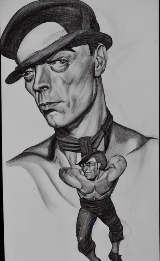Image similar to buster keaton portrait drawn by john buscema, face and upper body focus, thin yet muscular acrobat, soft shading, watercolors, marvel comics high quality scan