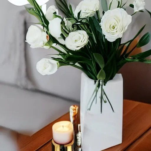 Image similar to luxurious white modern table with flower vase and iphone