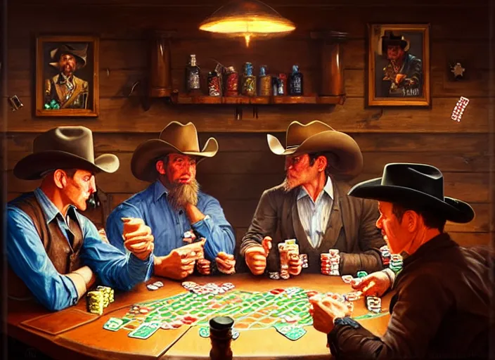 Image similar to cowboys playing poker in a saloon, by Mandy Jurgens, trending on artstation, Richard Schmid and norman rockwell