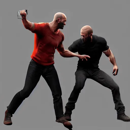 Image similar to jason statham fighting a pc, half body shot, path traced, fight scene, highly detailed, high quality, digital painting