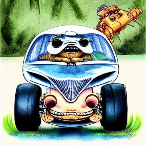 Prompt: racoon riding in a tiny hot rod coupe with oversized engine, ratfink style by ed roth, centered award winning watercolor pen illustration, by fine art america, edited by range murata