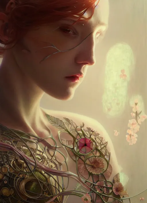 Image similar to organic cyborg, sakura, diffuse lighting, fantasy, intricate, elegant, highly detailed, lifelike, photorealistic, digital painting, artstation, illustration, concept art, smooth, sharp focus, art by John Collier and Albert Aublet and Krenz Cushart and Artem Demura and Alphonse Mucha