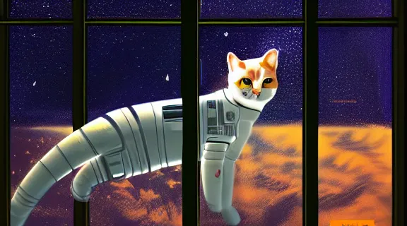 Prompt: cat seen from behind wearing a spacesuit in a space station watching the stars trough a large window, digital painting, dramatic lighting, highly detailed, artstation, concept art