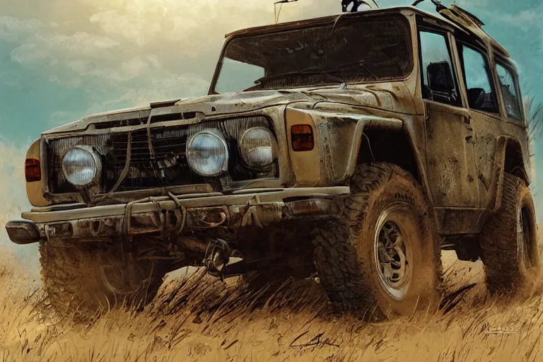 Image similar to digital illustration of mad max's fj 4 0 decrepit pursuit special, rusty nissan fj cruiser 1 9 8 0 s, the last v 8 interceptor by makoto shinkai, ilya kuvshinov, lois van baarle, rossdraws, basquiat