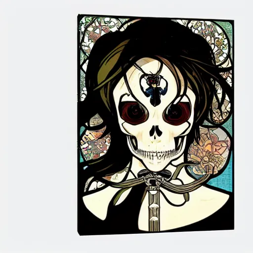 Image similar to anime manga skull portrait face skeleton illustration style by Alphonse Mucha and Hockney comicbook pop art nouveau