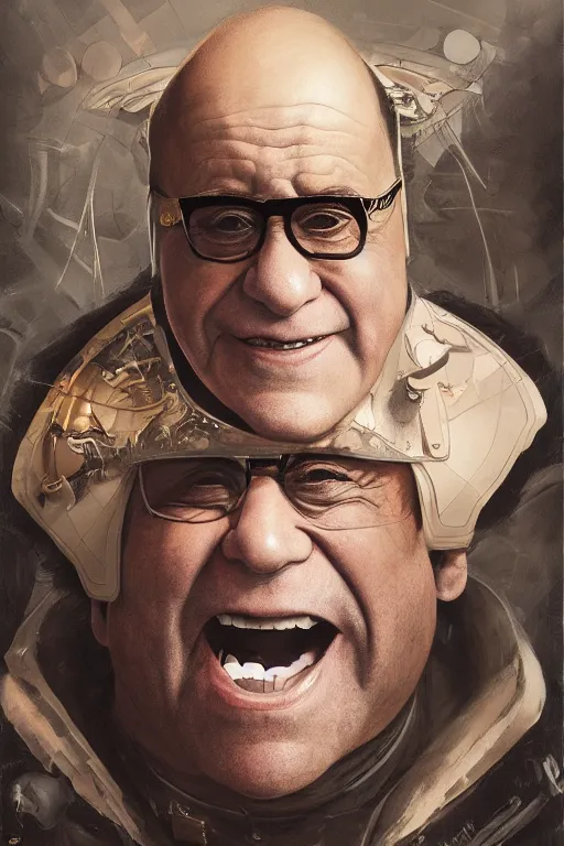 Image similar to portrait of danny devito wearing Elgast's helm by artgerm and Craig Mullins, James Jean, Andrey Ryabovichev, Mark Simonetti and Peter Morbacher 16k