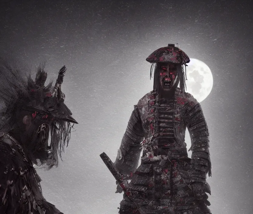 Image similar to 'a samurai! haunted by souls and ghosts with a big full moon on background , gloomy and foggy atmosphere, octane render, artstation trending, horror scene, highly detailded'