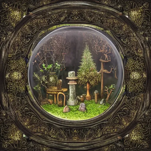 Prompt: an ornate glass and cast iron terrarium containing a forest clearing with circle of standing stones, by paulette tavormina and michael whelan and donato giancola, terrarium with intricate geometric decoration, on a sumptuous velvet tablecloth, in a dark dusty parlor, hyper realistic, extremely detailed, dramatic lighting, victorian, octane render, featured on artstation