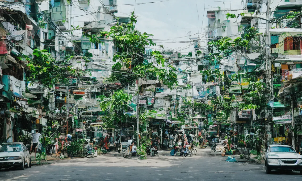 Prompt: Street scene of a utopian futuristic Manila with green plants and organic white buildings and Filipino architecture