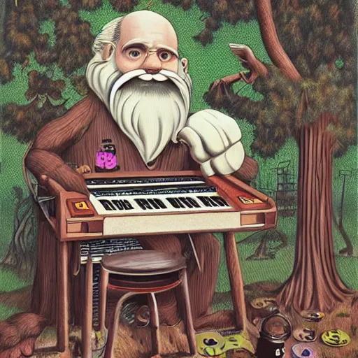 Image similar to old man white beard playing a synthesizer in a tree house, notes and clefs listening , lowbrow surrealistic, in the style of Mark Ryden,