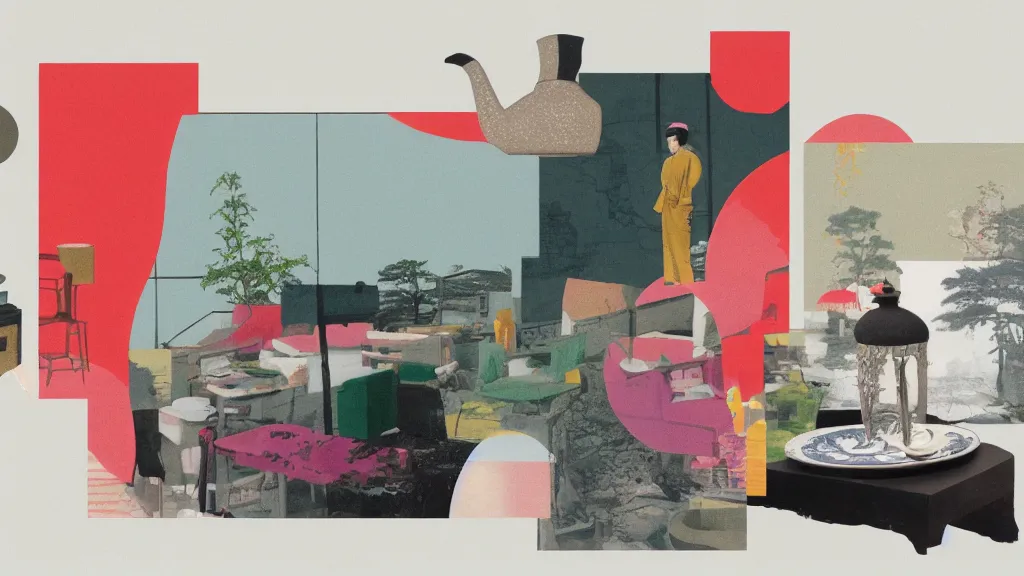 Image similar to a small tea setting, japan, a collage painting, in the style of wes anderson, lola dupre, david hockney, isolated on negative white space background dark monochrome neon spraypaint accents volumetric octane render