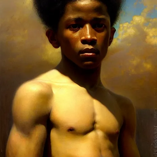 Image similar to a portrait of a good - lookiung black boy god,, high detail, cleary see face, by gaston bussiere, bayard wu, greg rutkowski, odd nerdrum, maxim verehin, dan dos santos, masterpiece, sharp focus, cinematic lightning - h 7 6 8