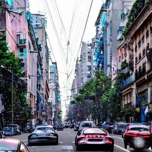 Image similar to Buenos Aires Argentina, futuristic cars in the street, holograms in the street, detailed, hd