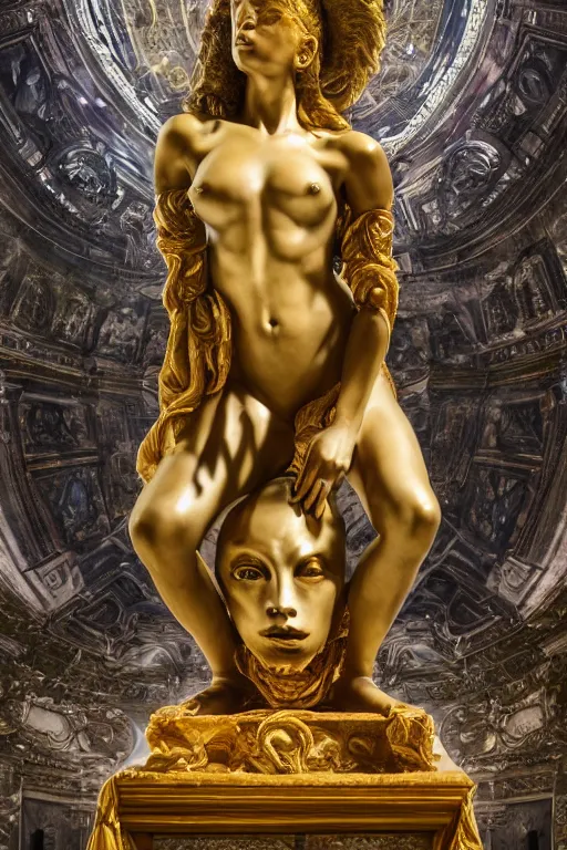 Image similar to marble sculpture depicting a woman programming the samsara holy cluster, hi tech, sci fi, cybernetic, dramatic lighting, digital photography, stunning, visionary, hyper realistic, beautiful, wow, gilt metal, rich marbles, by gian lorenzo bernini, by brecht evens, by jean delville, beautiful render, ultra detailed, sharp, 8 k