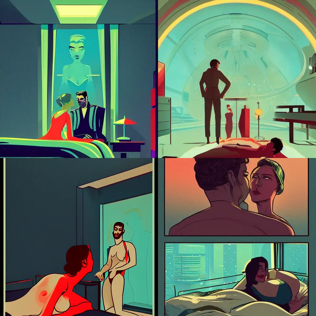 Prompt: a man watches his wife and her lover, in bed making love through a sci fi spy terminal. In the style of Kilian Eng