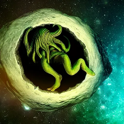 Prompt: a sleeping young cthulhu emerges from a hollow moon split in two, sci - fi, of the universe, real photo, pixel - unclear