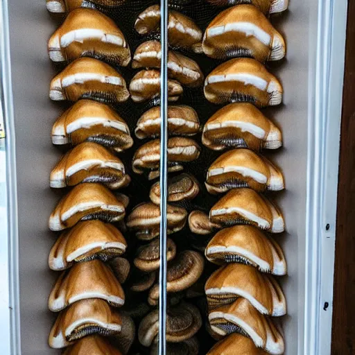 Image similar to realistic photo of golden teacher mushrooms growing inside a closet