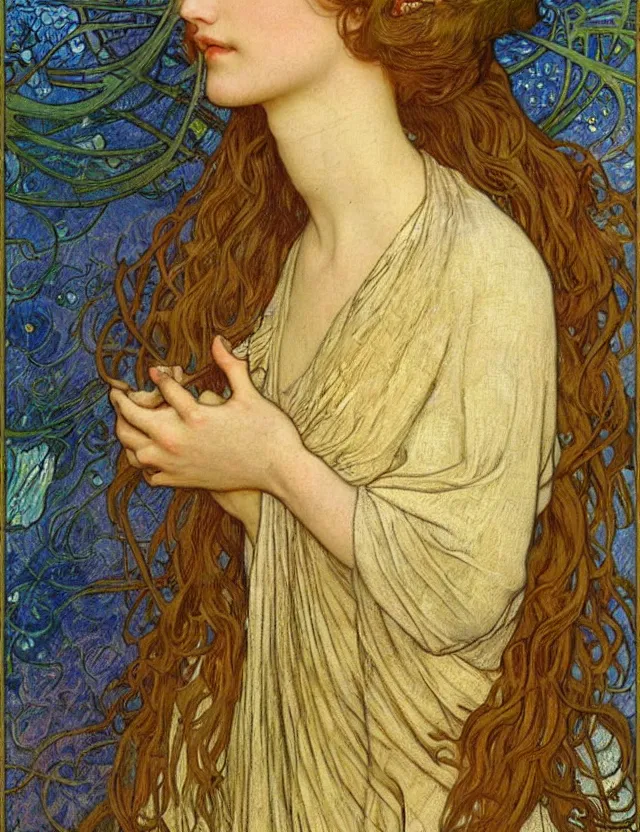 Image similar to detailed realistic beautiful young medieval queen face portrait by jean delville, alphonse mucha, vincent van gogh, and marco mazzoni, art nouveau, symbolist, visionary, gothic, pre - raphaelite