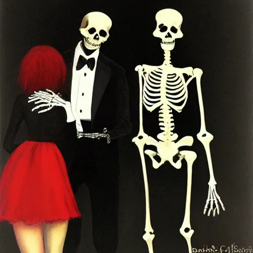 Image similar to a skeleton in a black suit tuxedo, talking to a beautiful woman in a low cut blouse and a miniskirt, Black light velvet painting by Basil Gogos and Robert McGinnis