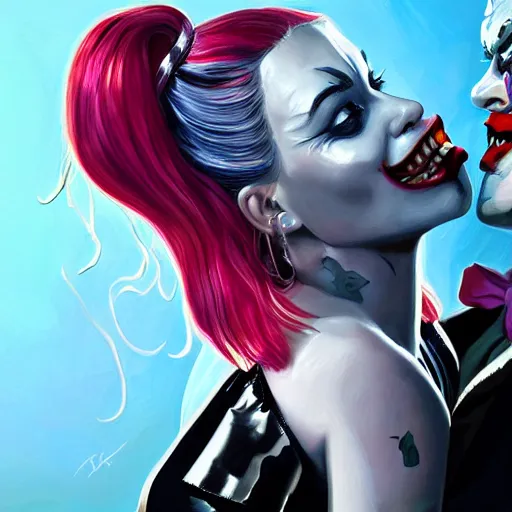 Image similar to Margot Robbie as Harley Quinn, kissing the joker, highly detailed, digital painting, artstation, concept art, smooth, sharp focus, illustration, art by jeff koons C 10.0