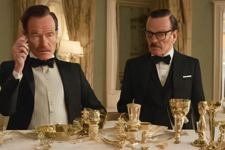 Image similar to mid-shot of Bryan Cranston as a butler in the new movie directed by Wes Anderson, symmetrical shot, idiosyncratic, relentlessly detailed, limited colour palette, detailed face, movie still frame, promotional image, imax 70 mm footage