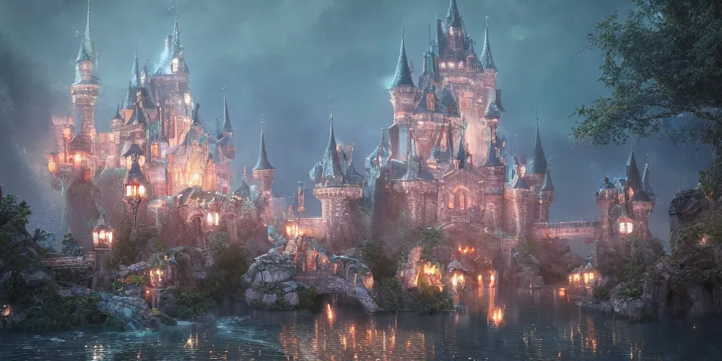 Image similar to a glittering fantasy castle at night with grand delicate walkways, extremely detailed oil painting, unreal 5 render, fantasy digital art, octane render, beautiful composition, trending on artstation, award-winning photograph, masterpiece