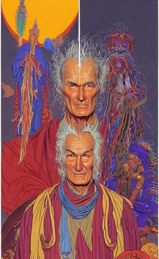 Image similar to a wickedly hilarious jean giraud work of art of timothy leary in the style of a renaissance masters portrait, mystical and new age symbolism and tibetan book of the dead imagery